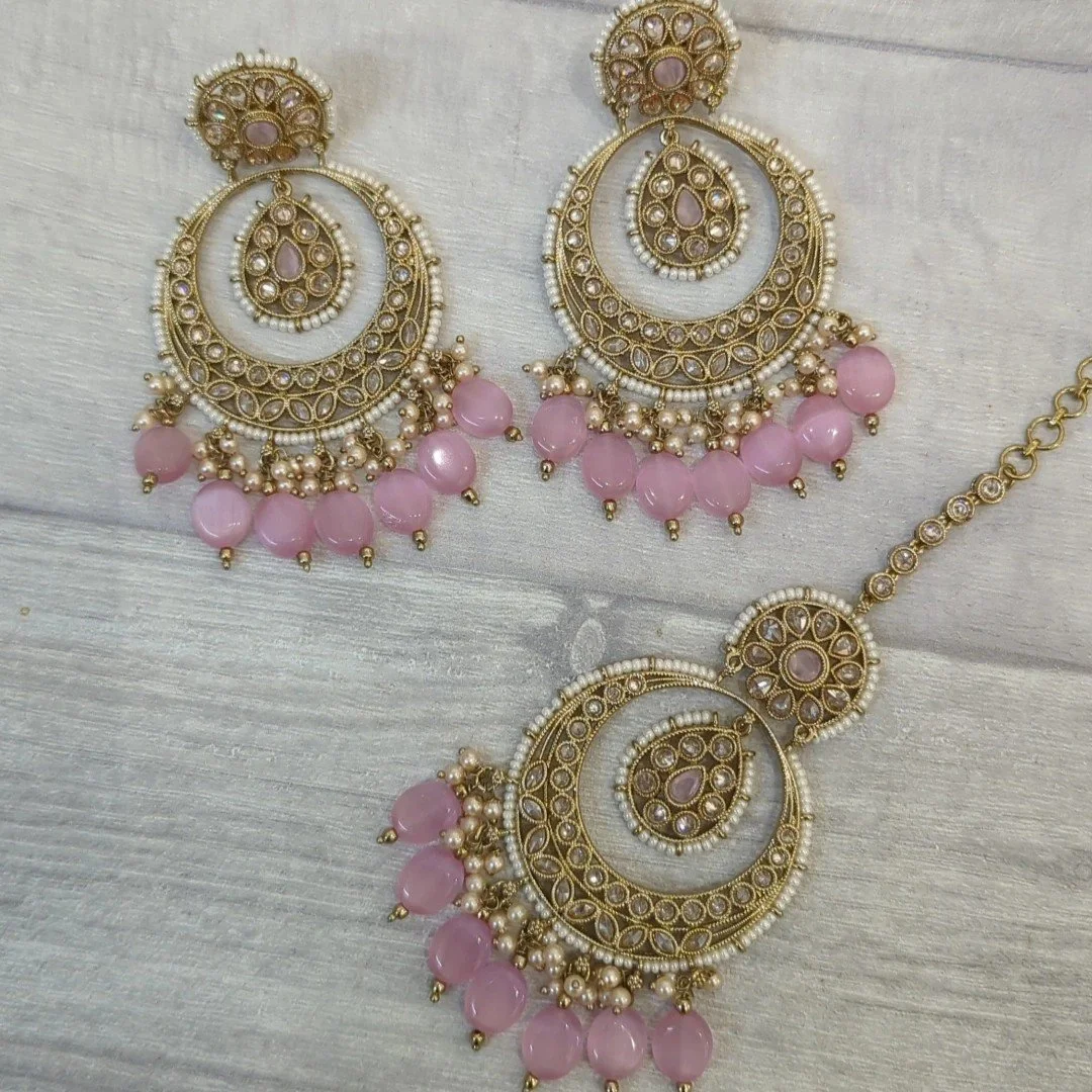 Baby Pink Antique Gold Polki Stone 'ANEET' Earring & Tikka Jewellery Set