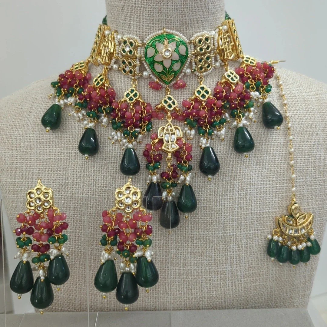 Green Meenakari Kundan Indian Asian Choker Necklace Jewellery Jewelry Set