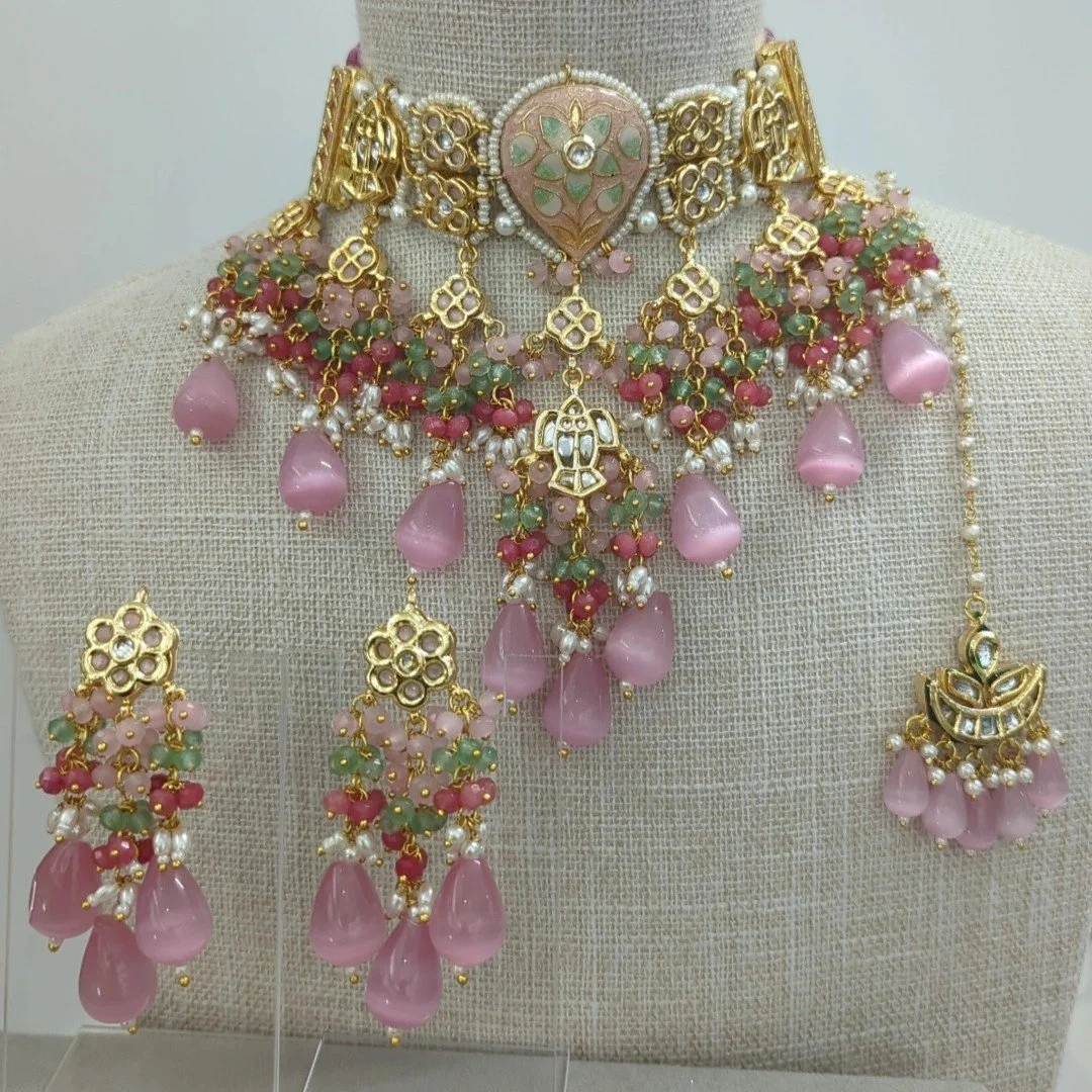 Baby Pink Meenakari Kundan Indian Asian Choker Necklace Jewellery Jewelry Set