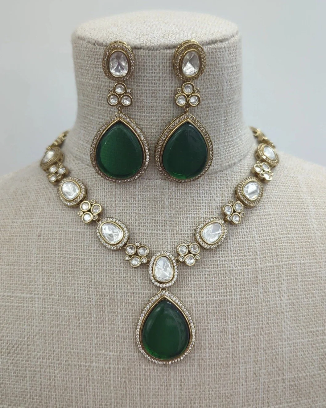 Green Gold Silver Indian Asian Moissanite Kundan Pendant Necklace Jewellery Jewelry Set