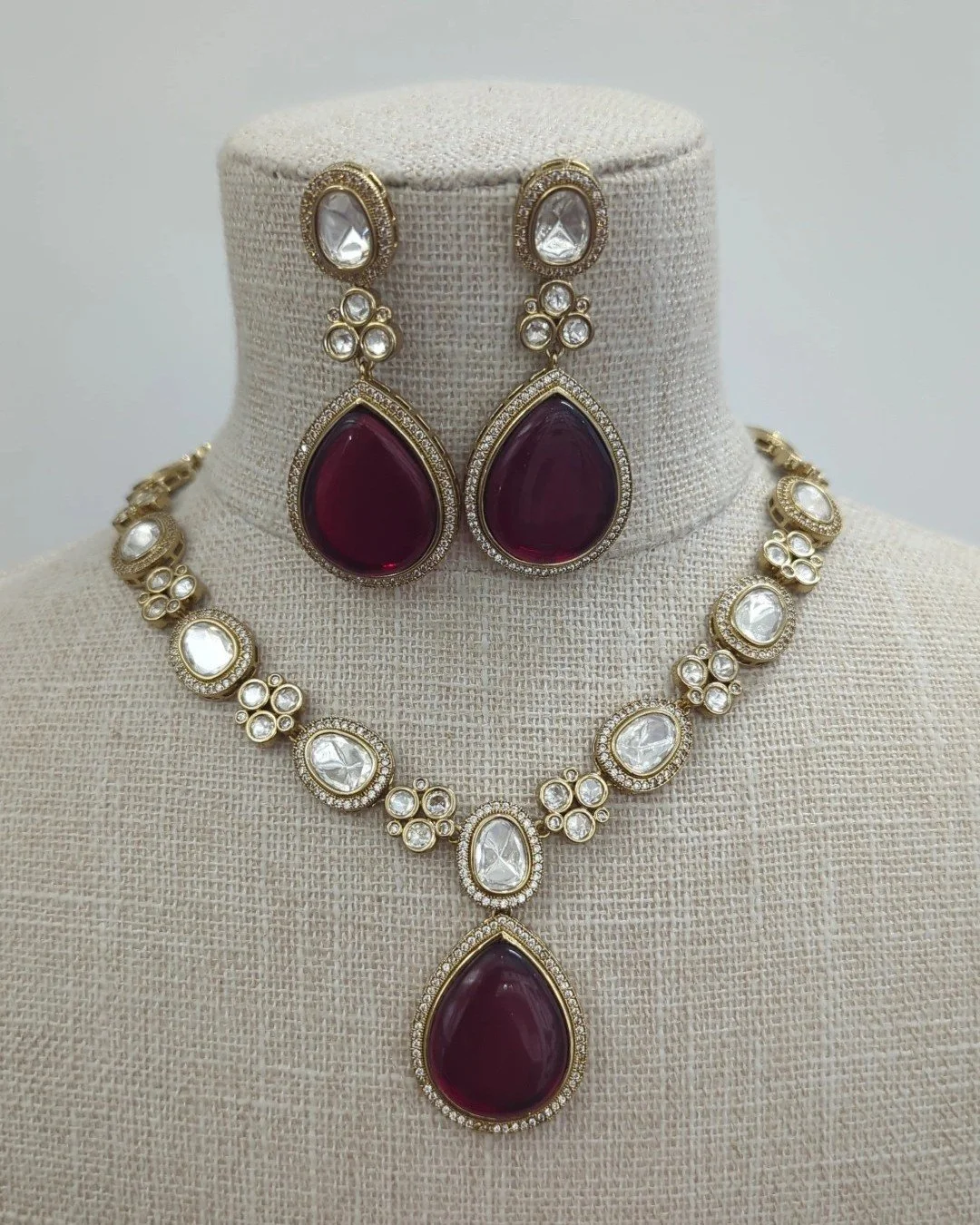 Maroon Gold Silver Indian Asian Moissanite Kundan Pendant Necklace Jewellery Jewelry Set