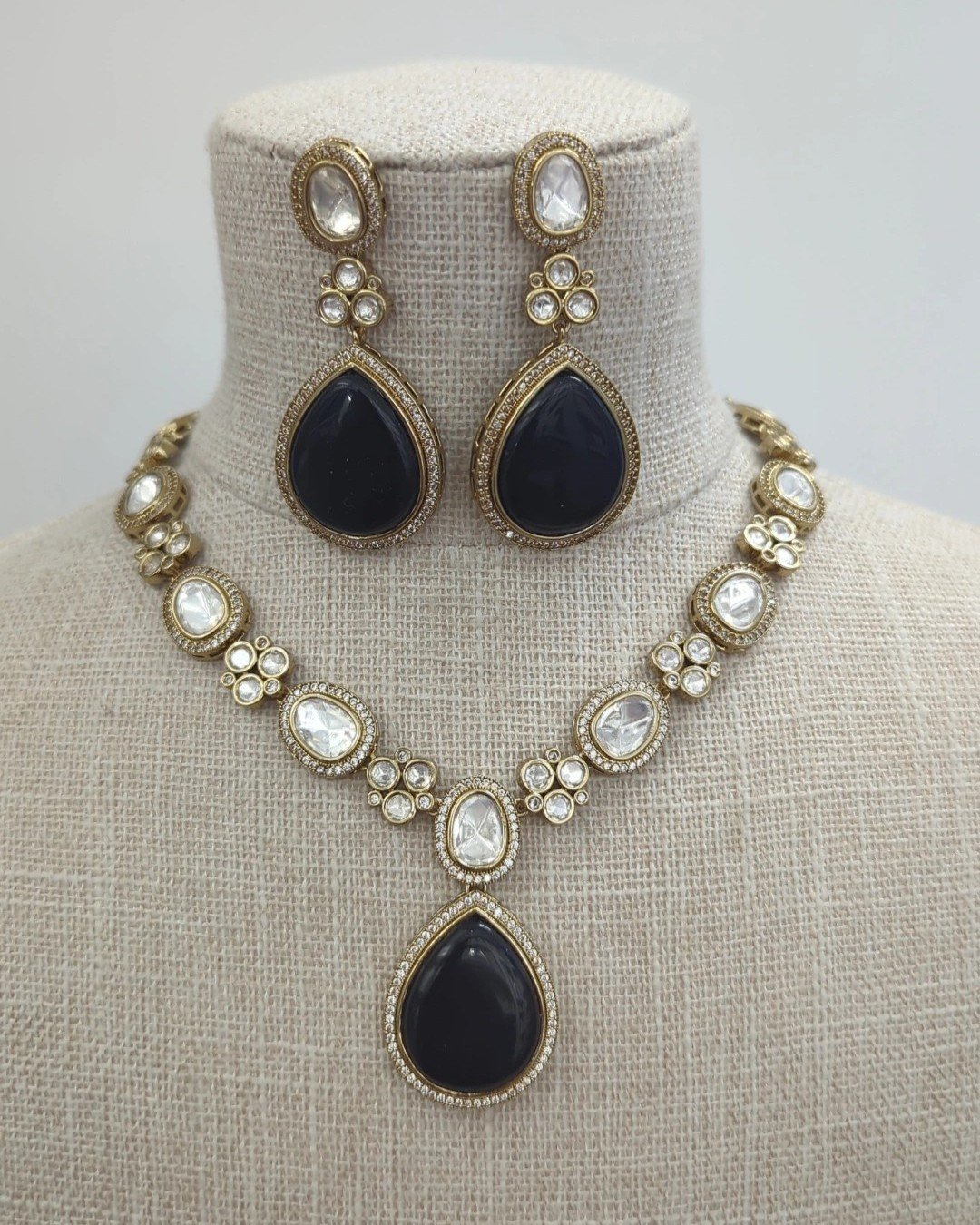 Black Gold Silver Indian Asian Moissanite Kundan Pendant Necklace Jewellery Jewelry Set