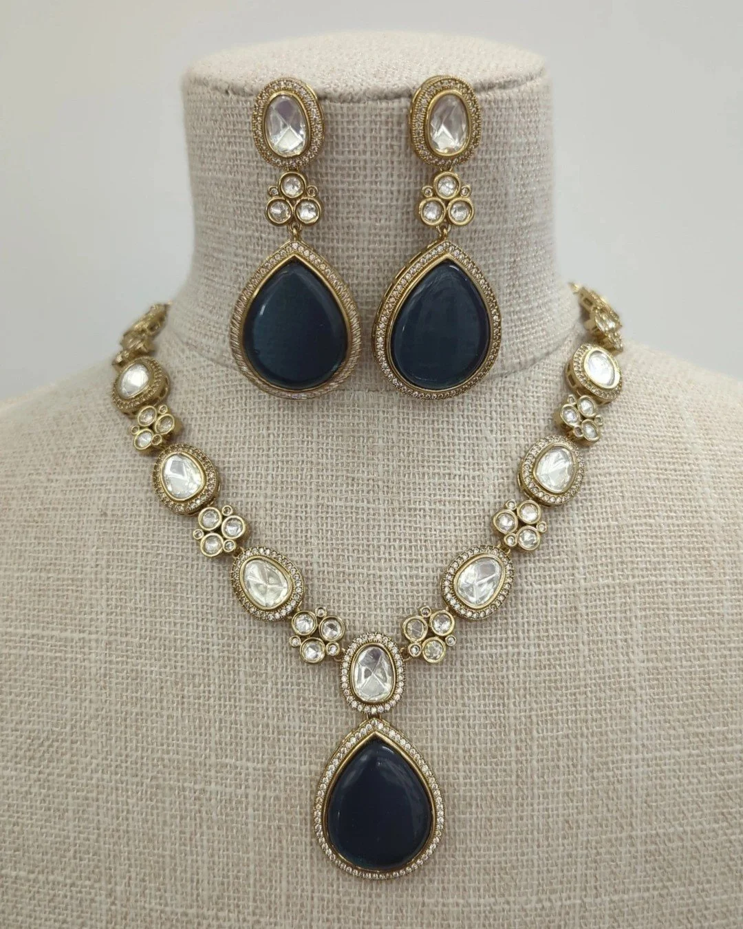 Dark Blue Gold Silver Indian Asian Moissanite Kundan Pendant Necklace Jewellery Jewelry Set