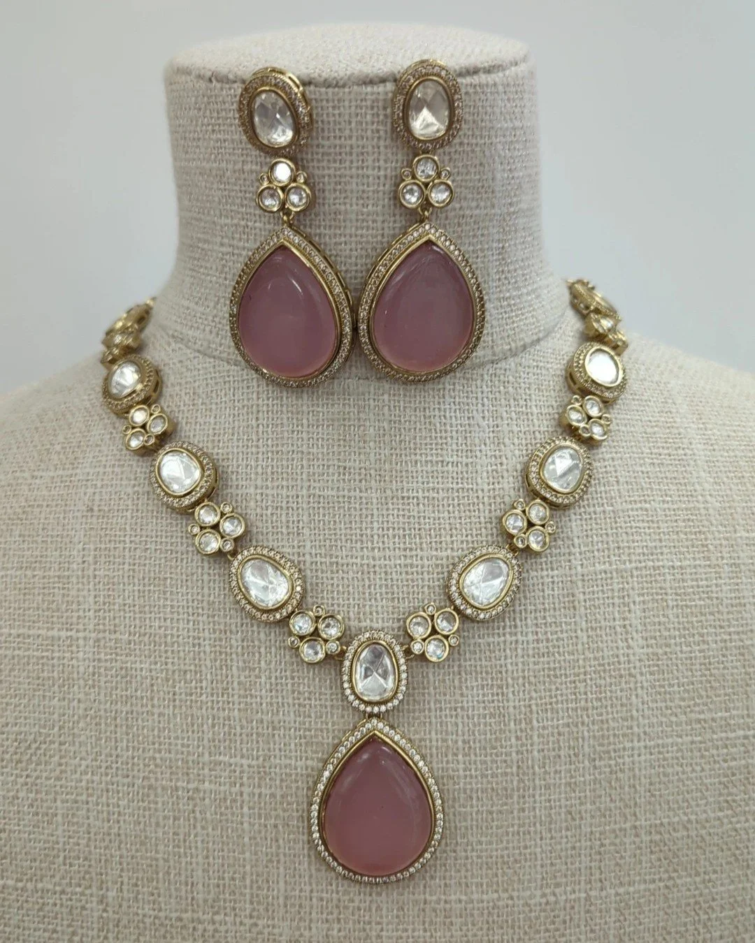 Baby Pink Gold Silver Indian Asian Moissanite Kundan Pendant Necklace Jewellery Jewelry Set