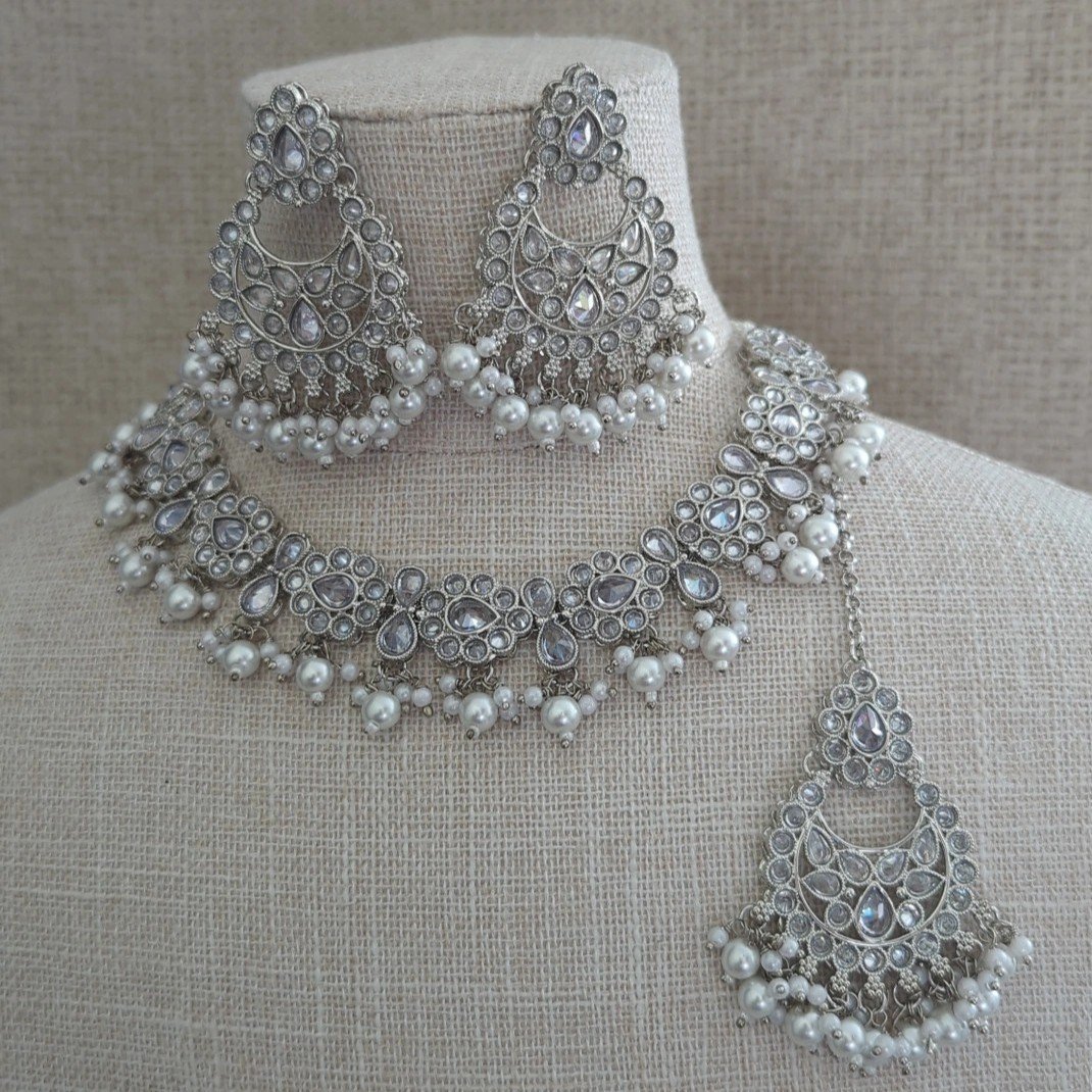 Full Silver Indian Asian Crystal Stone Neckline Jewellery Jewelry Set Wedding Party