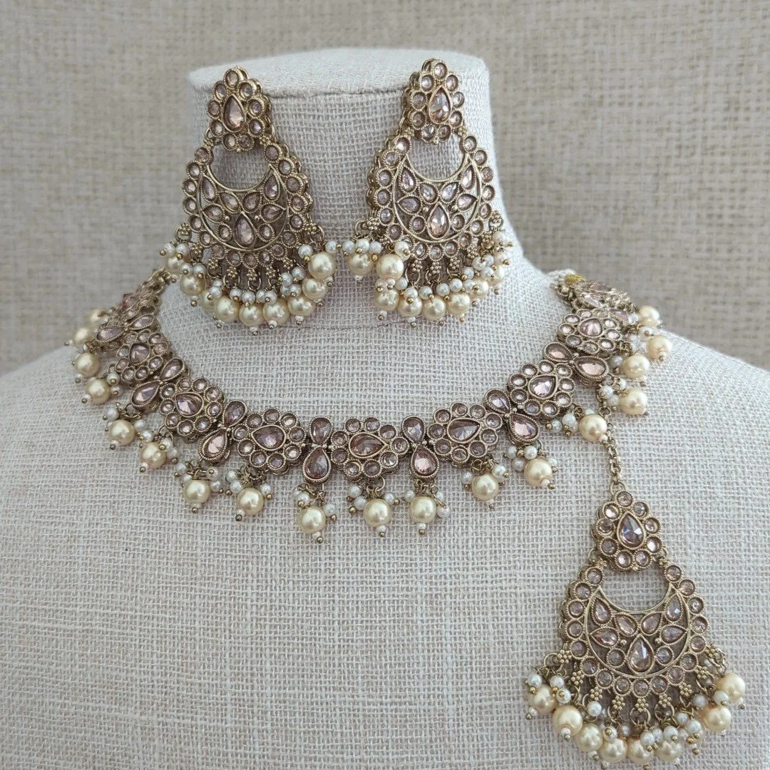 Antique Gold Indian Asian Crystal Stone Neckline Jewellery Jewelry Set Wedding Party