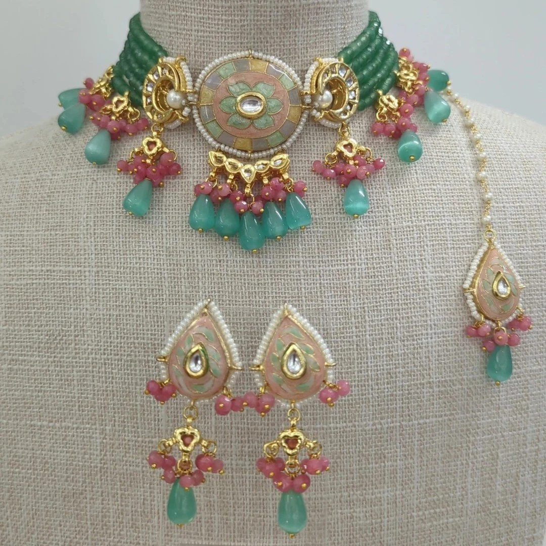 Mint Pink Meenakari Kundan Indian Asian Flexible Choker Jewellery Set