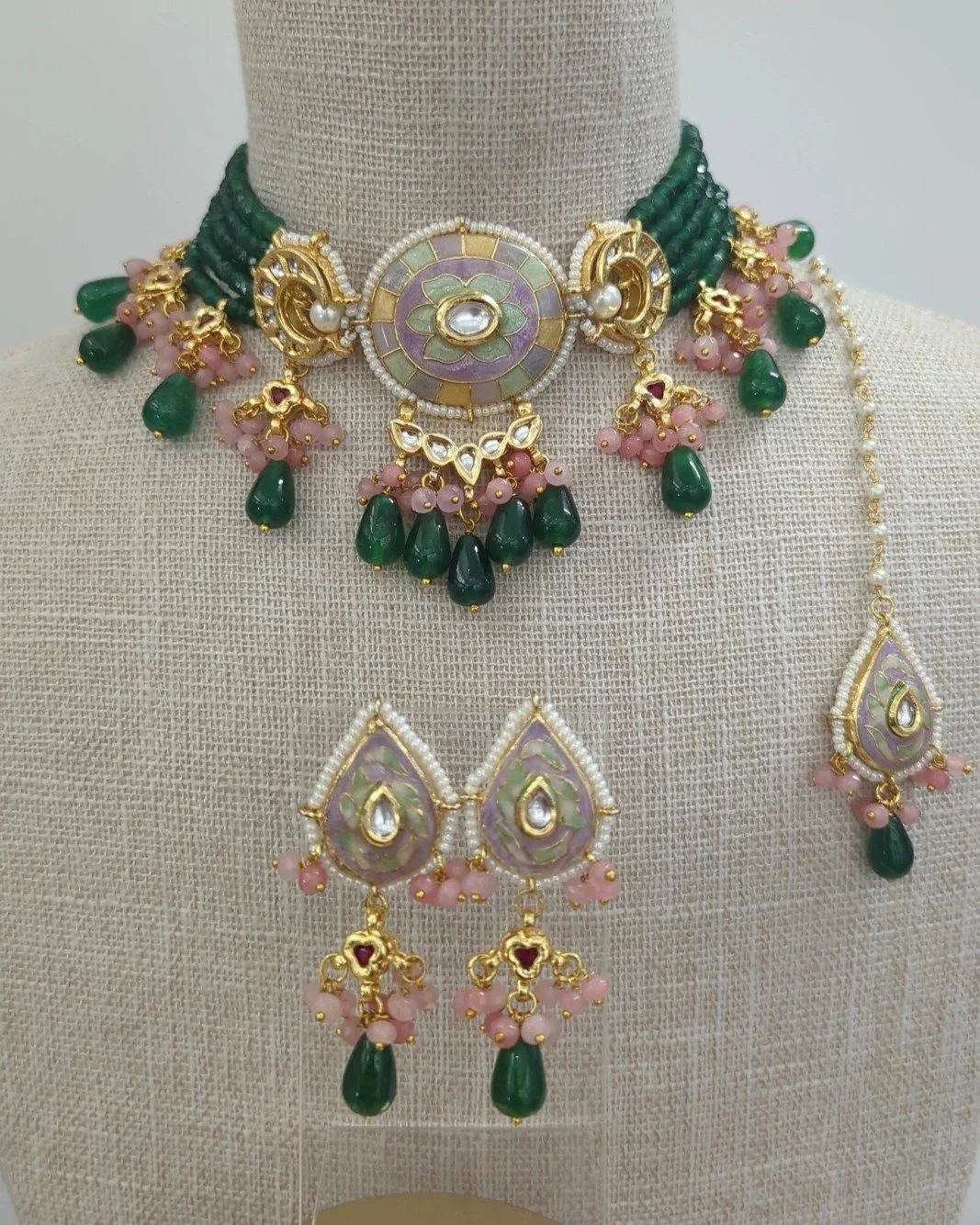 Green Pink Meenakari Kundan Indian Asian Flexible Choker Jewellery Set