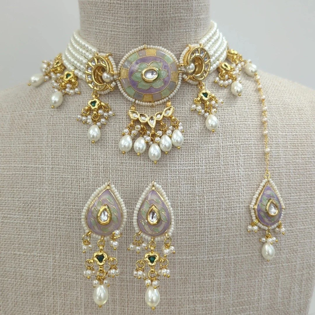 Neutral Pastel Muted Meenakari Kundan Indian Asian Flexible Choker Jewellery Set