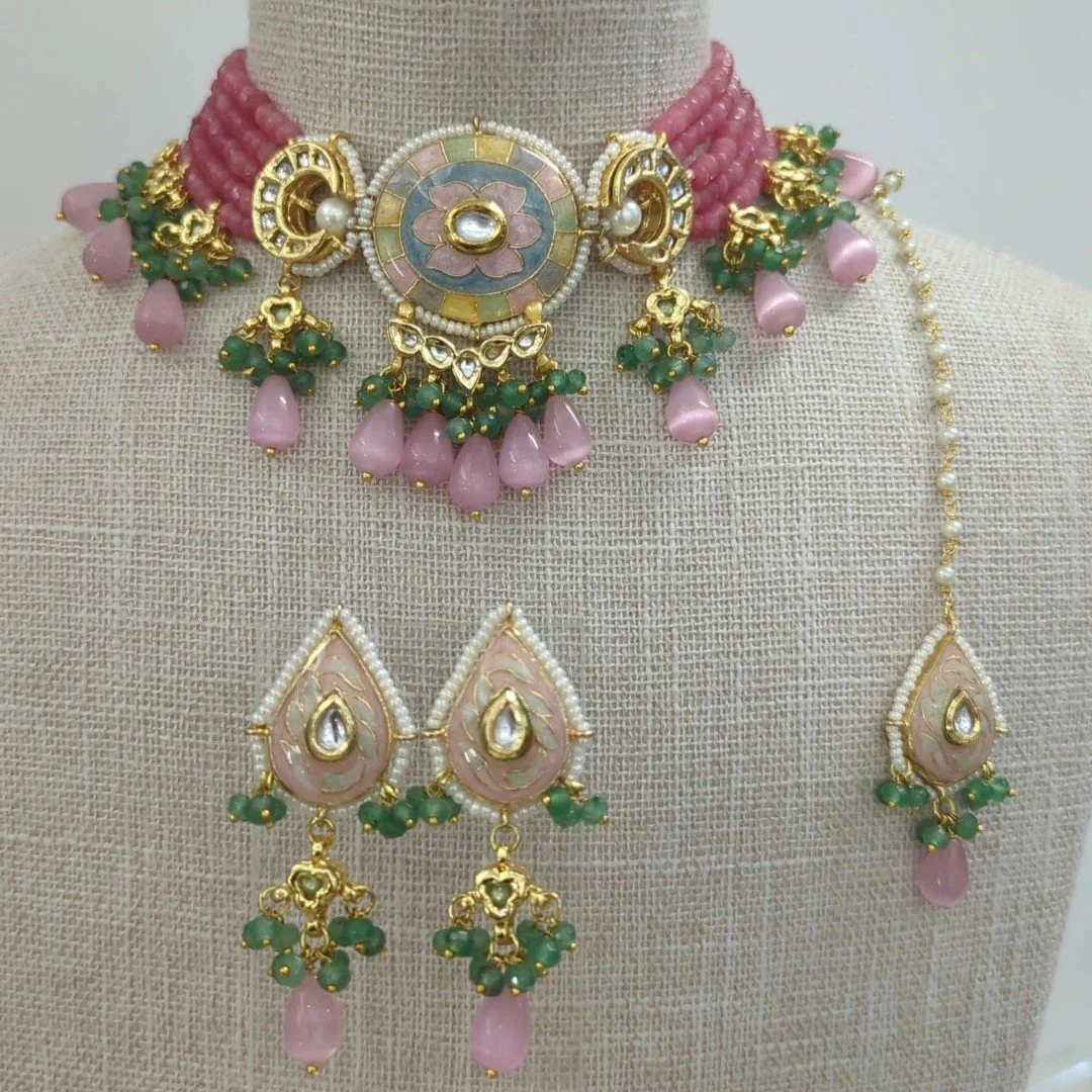 Baby Pink Green Meenakari Kundan Indian Asian Flexible Choker Jewellery Set