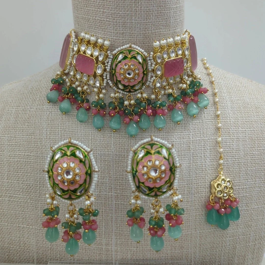 Mint Baby Pink Meenakari Kundan Indian Asian Choker Necklace Jewellery Jewelry Set