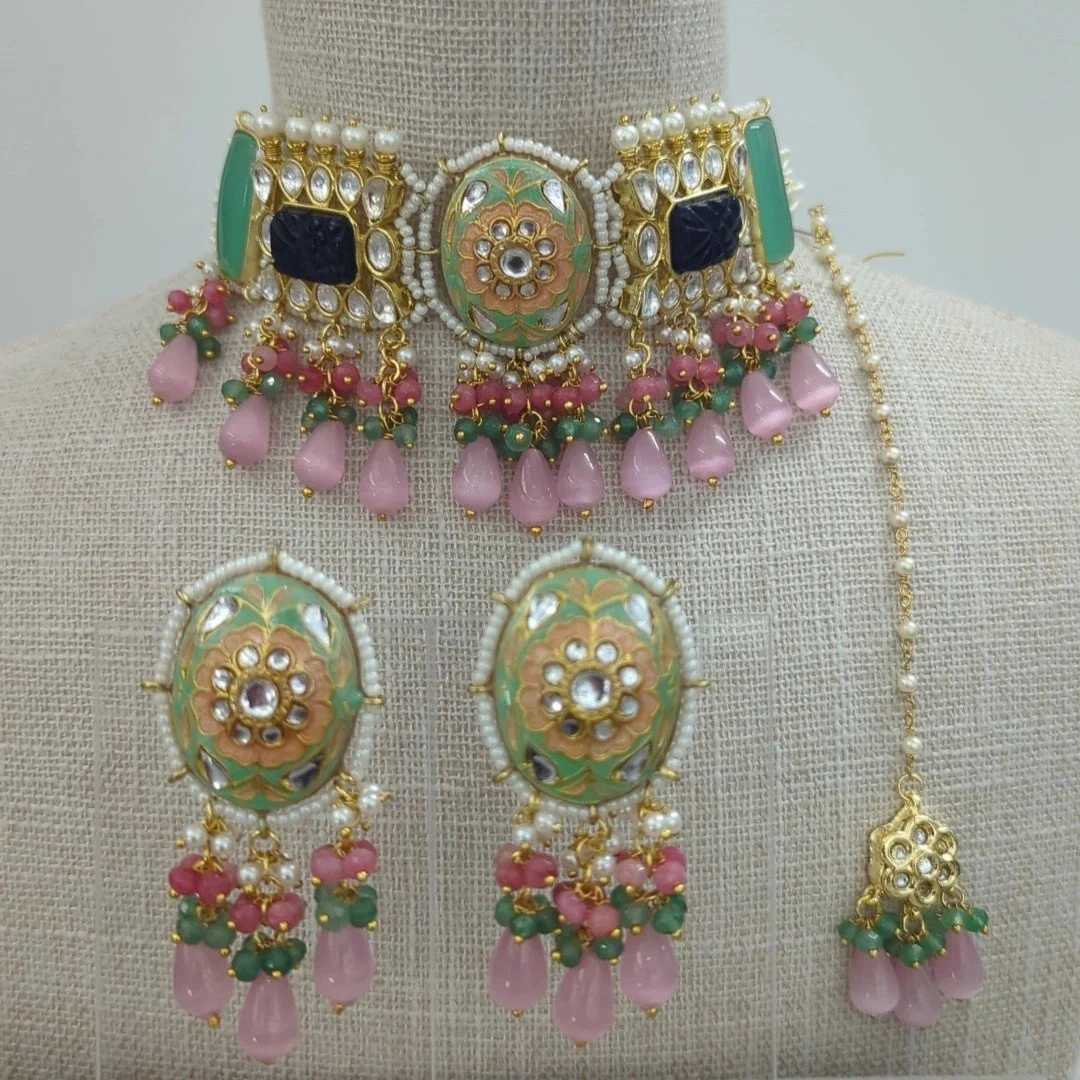Mint Baby Pink Meenakari Kundan Indian Asian Choker Necklace Jewellery Jewelry Set