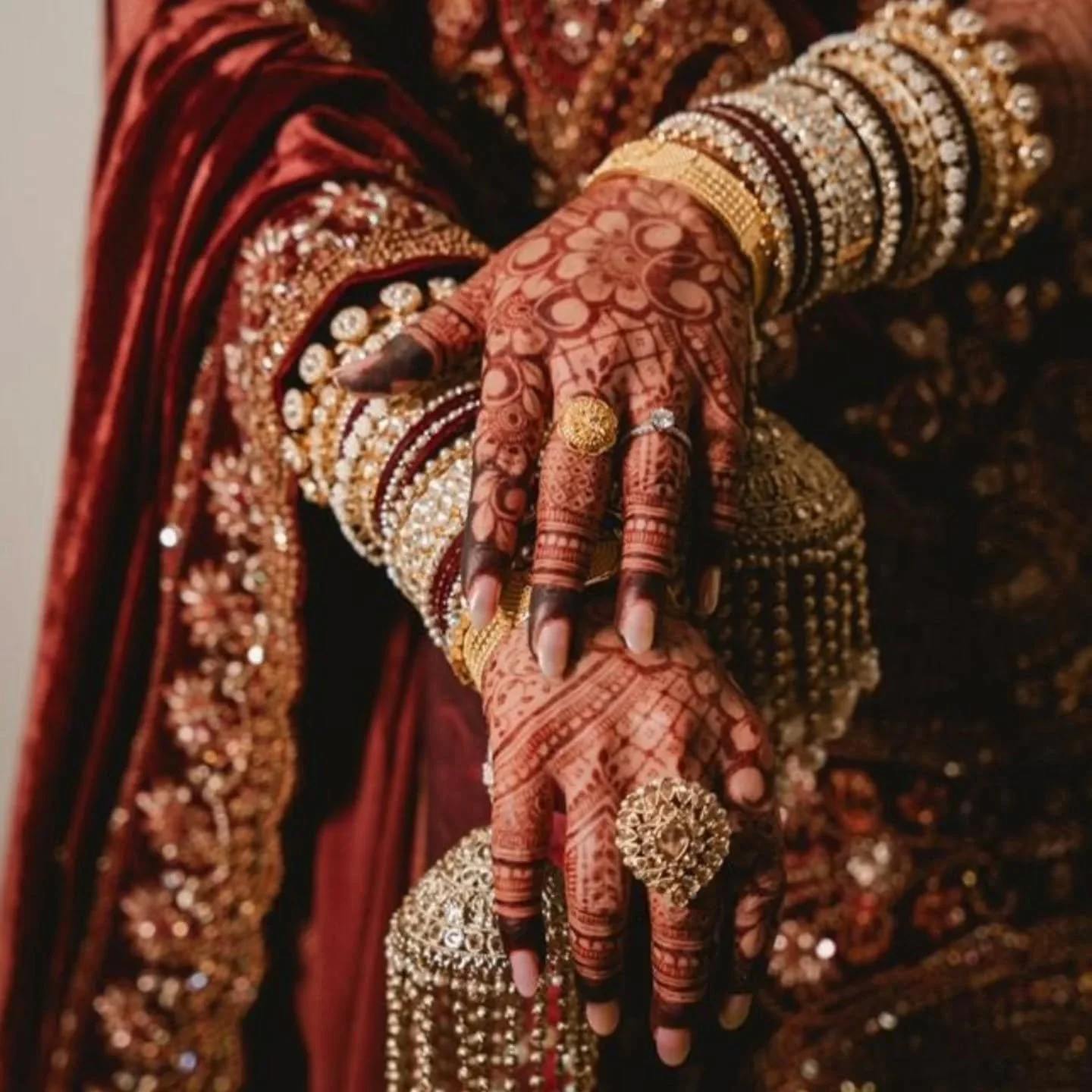 Our beautiful bride from the USA wearing our bespoke full stone statement kangan choora set for her big day ❤️

She knew she wanted a very stoney and heavy kangan bangle set with a pop of maroon. We did her consultation via DM and it fit her perfectl