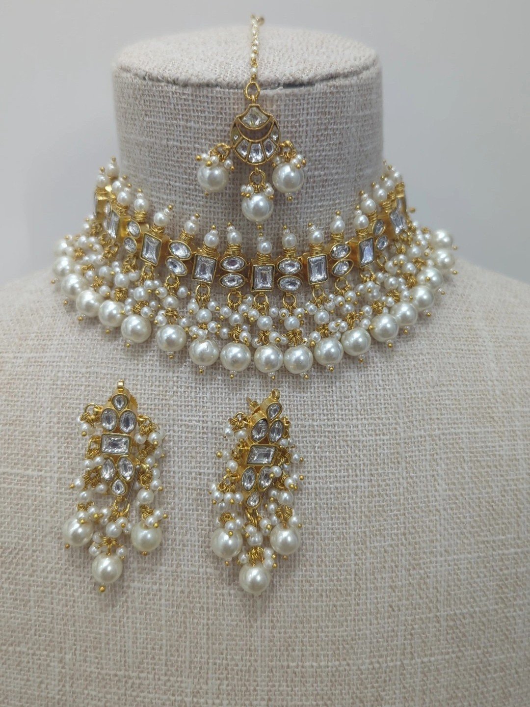 Gold Silver Neutral Paachi Kundan Pearl Choker Jewellery Set
