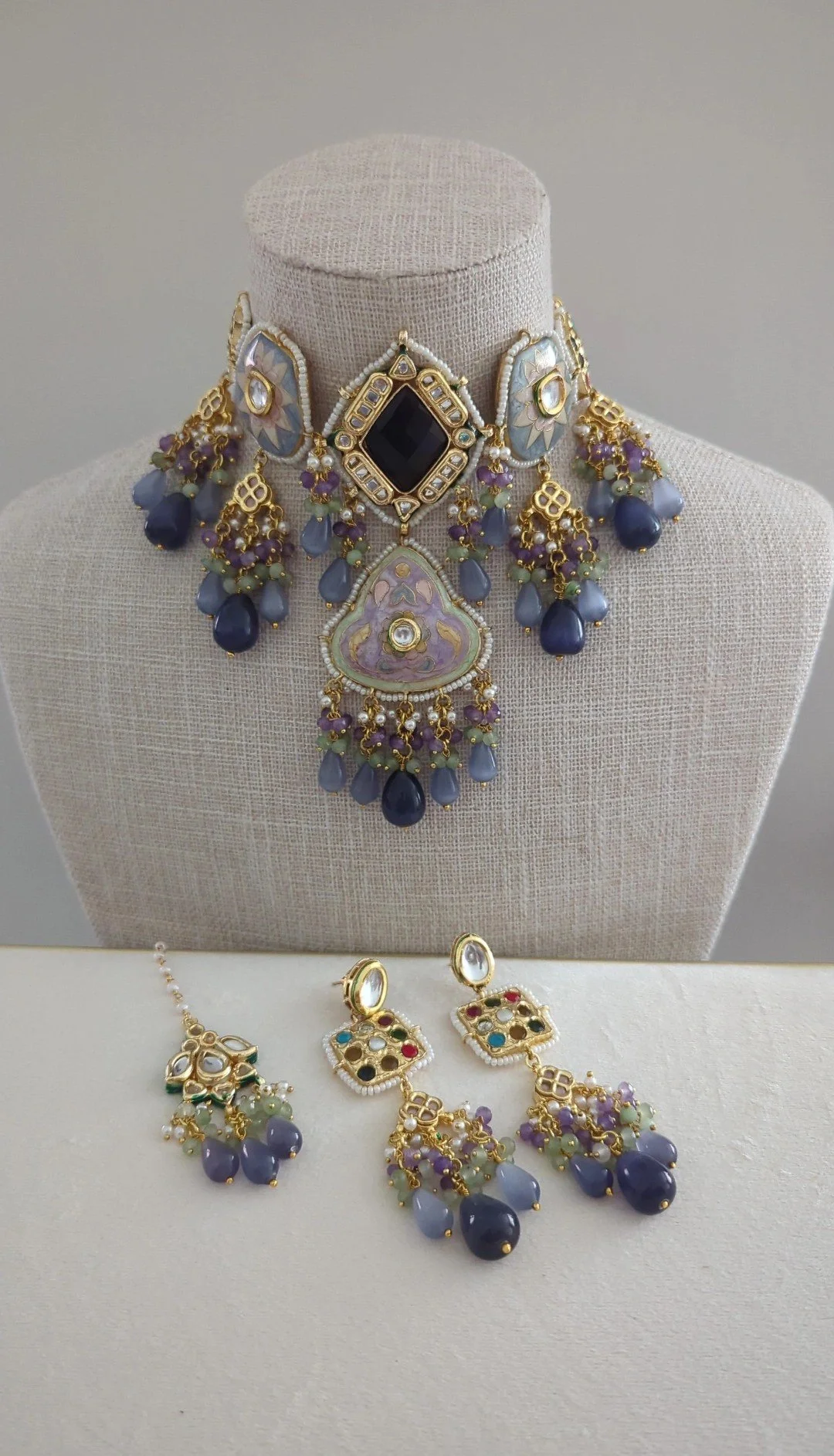 Purple Lilac Blue Meenakari Kundan Choker Necklace Jewellery Set