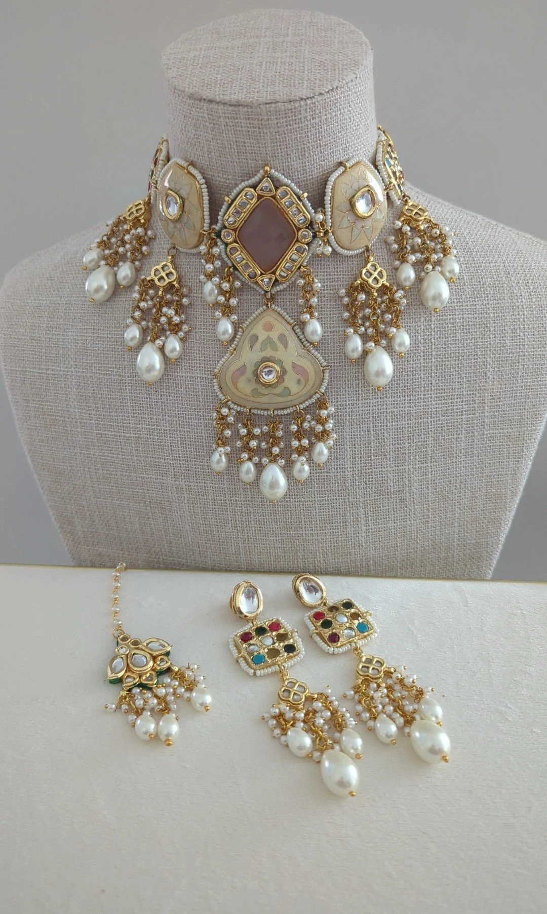 Mauve Dusty Pink Ivory Indian Asian Meenakari Kundan Choker Necklace Jewellery Jewelry Set