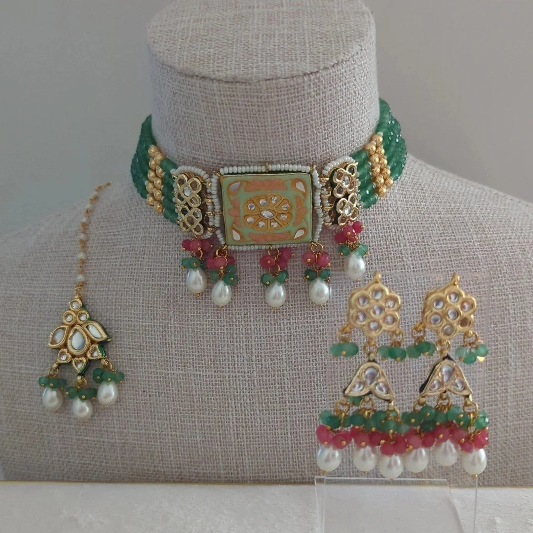 Mint Coral Simple Meenakari Kundan Choker Jewellery Set