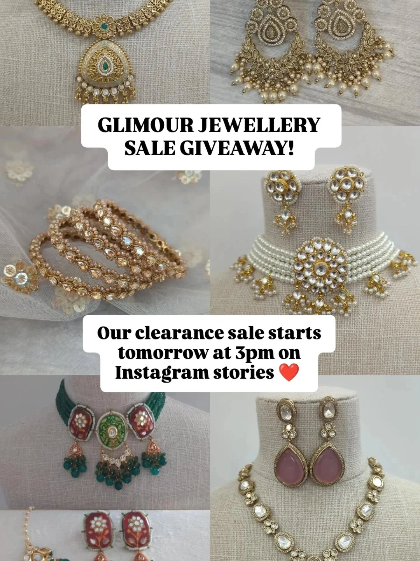 SALE GIVEAWAY! 
We are giving away 6 winners jewellery!! ⬇️
- American Diamond earrings 
- Moissanite neckline set 
- Meenakari Kundan choker set
- Polki stone bangle set 
- Pachi Kundan choker set 
- Heritage neckline set 

6 winners will be chosen 