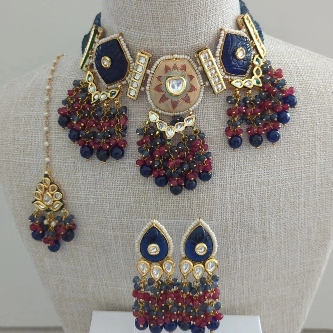 Dark Blue Meenakari Kundan Choker Jewellery Set