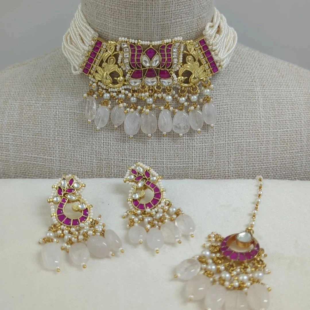Glass Baby Pink Pachi Kundan Heritage Choker Jewellery Set