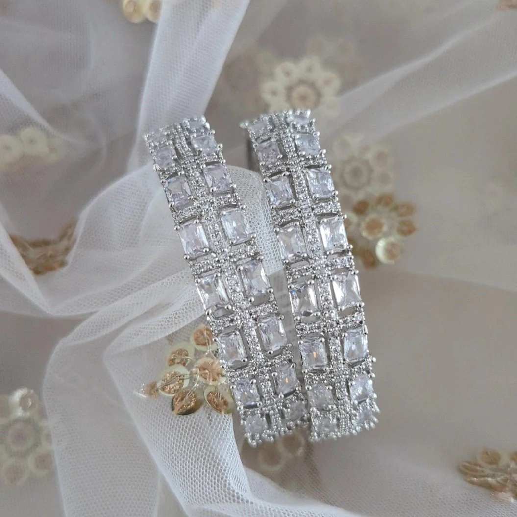 Pair of Full Silver American Diamond Kangan Kadey Bangles
