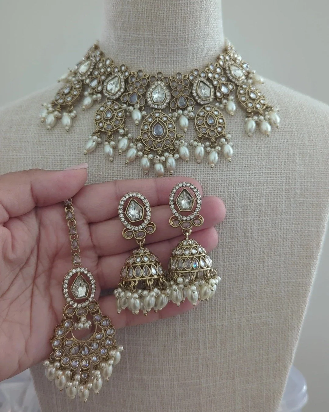 Gold Silver Pearl Polki Crystal Choker Jewellery Jewelry Set Wedding Party