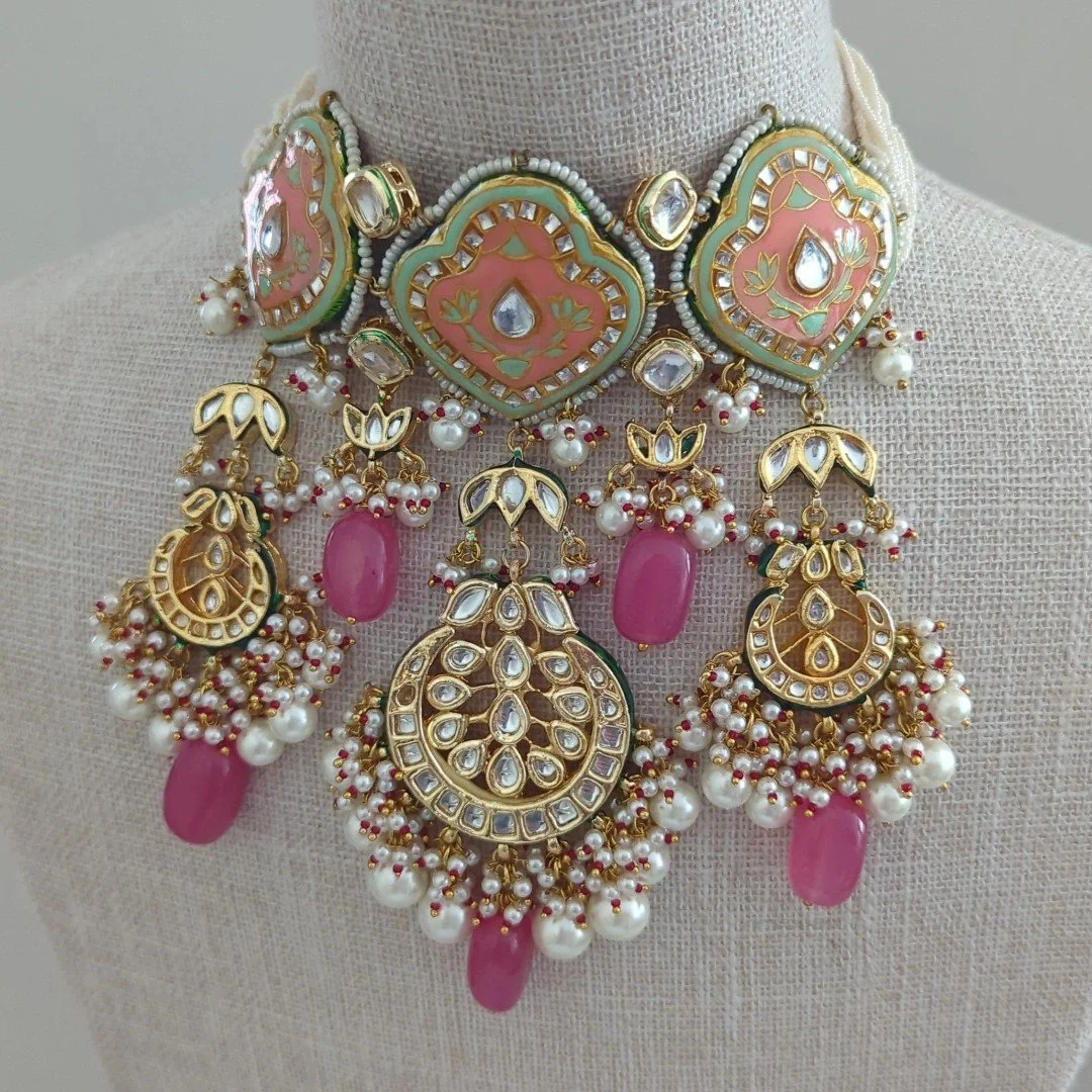 Rasberry Pink Indian Asian Meenakari Kundan Choker Necklace Jewellery Jewelry Set