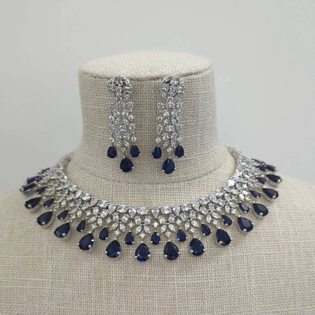Dark Blue Navy Silver American Diamond Indian Asian Necklace Jewellery Jewelry Set Wedding Party