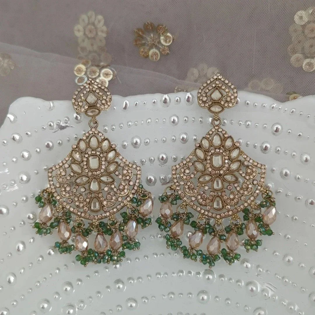 Jade Green Light Antique Gold Champagne Bead Indian Earrings