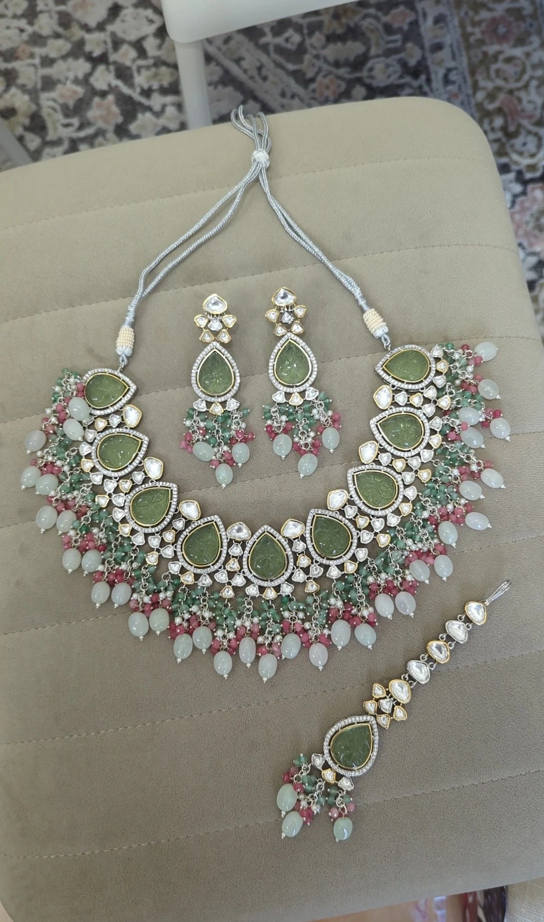 Mint Pink Gold Silver Moissanite Neckline Jewellery Set