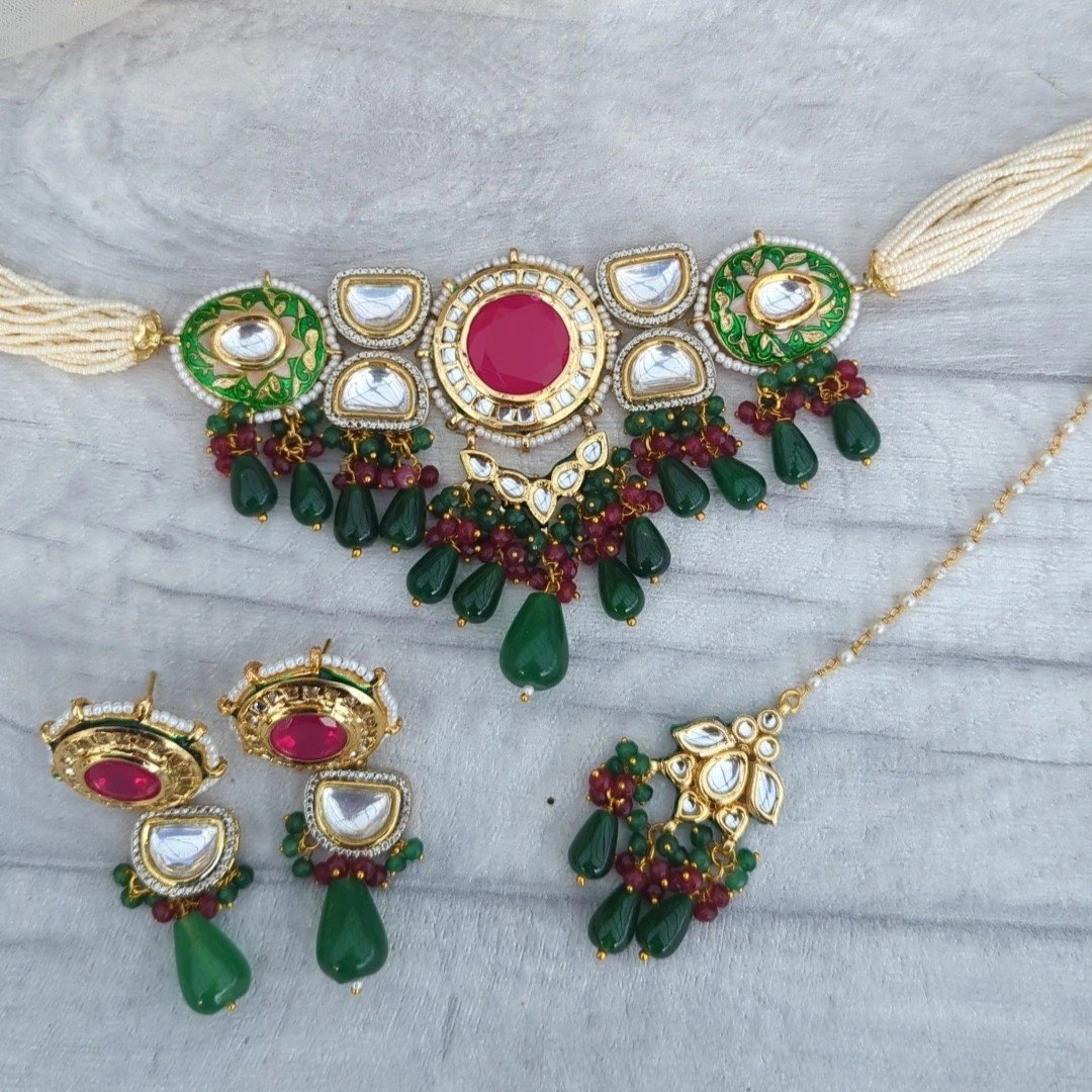 Hot Pink Green Flexible Meenakari Kundan Necklace Jewellery Set