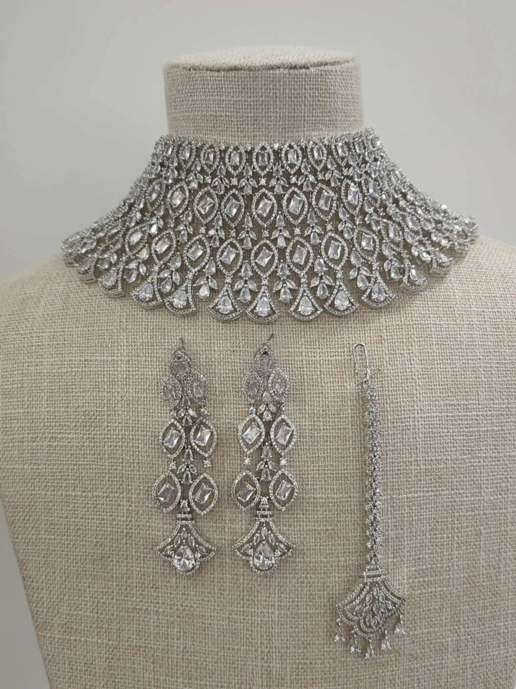 Full Silver Indian Asian American Diamond Choker Necklace Jewellery Set Wedding Bridal