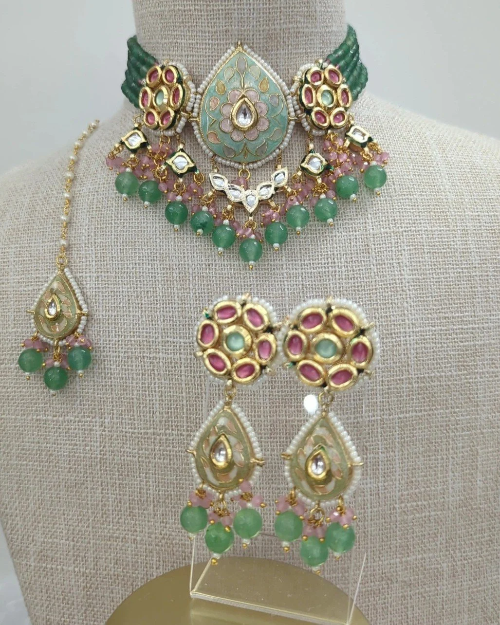Sage Green Mint Indian Asian Meenakari Kundan Flexible Choker Necklace Jewellery Jewelry Set