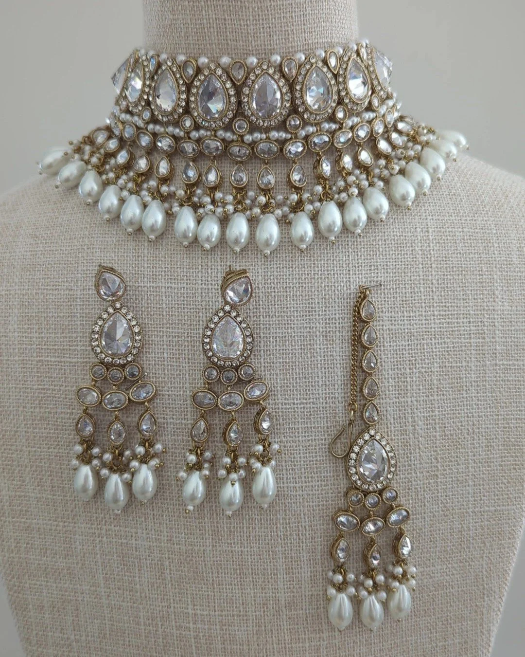 Gold Silver Flexible Polki Crystal Pearl Indian Asian Choker Jewellery Set Wedding Party Bridal