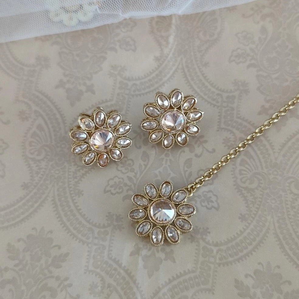 Antique Gold Polki Stone Simple Flower Shaped Stud Earring Tikka Set