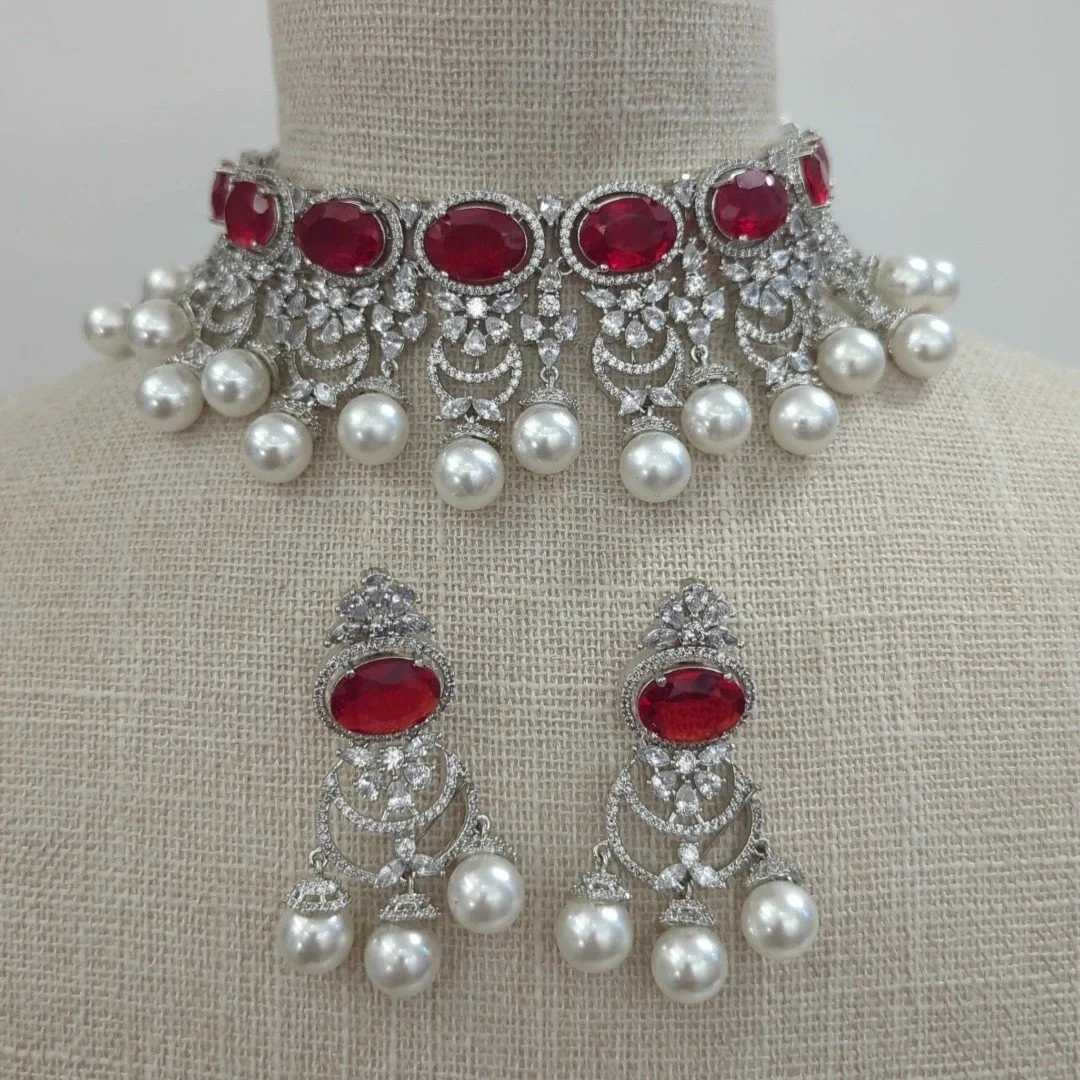 Maroon Silver Pearl American Diamond Choker Jewellery Set Wedding Party