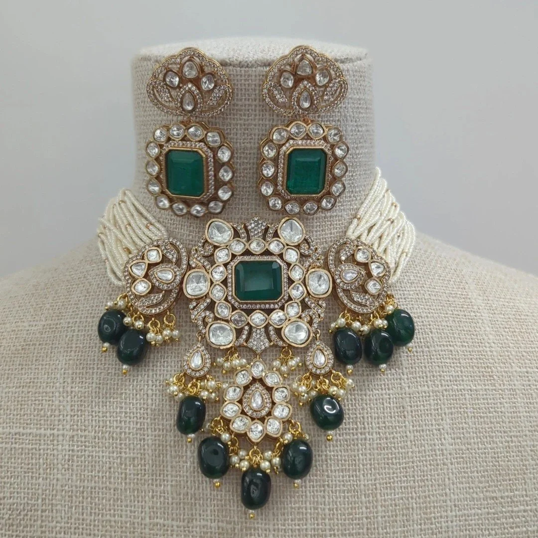 Green Gold Silver Moissanite Kundan Choker Jewellery Jewelry Set Wedding Party Bridal