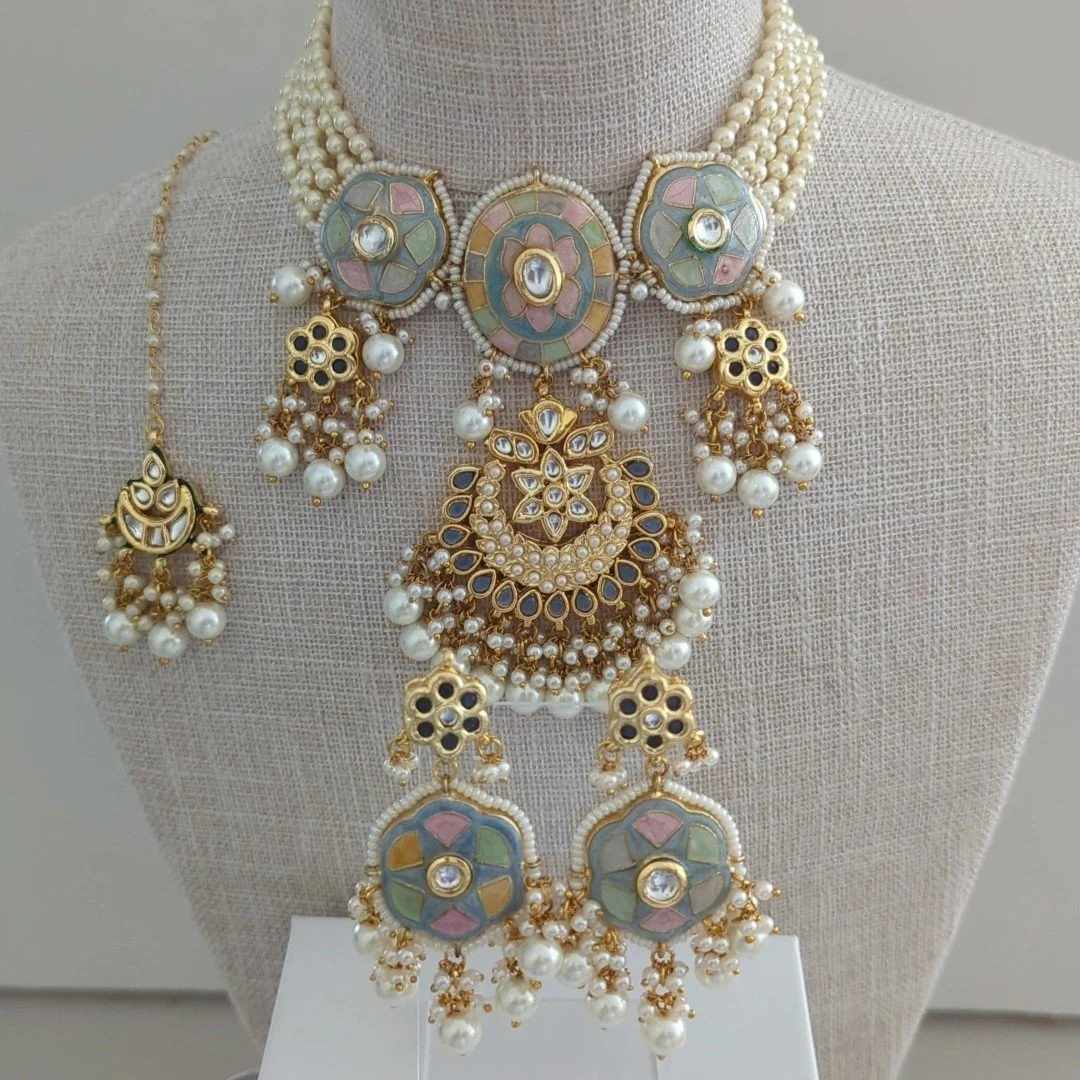 Neutral Pastel Indian Asian Meenakari Kundan Choker Necklace Jewellery Jewelry Set
