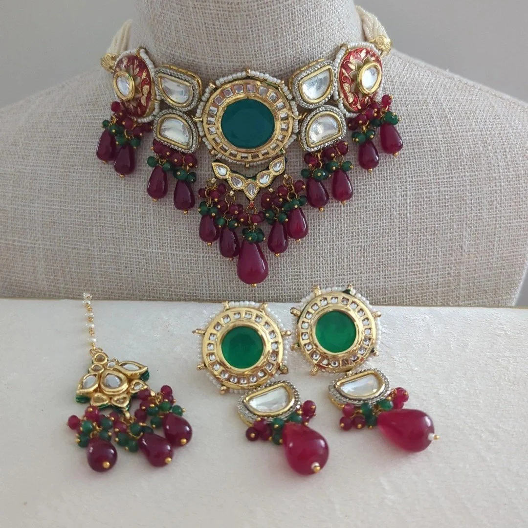 Maroon Green Indian Asian Meenakari Kundan Choker Necklace Jewellery Set