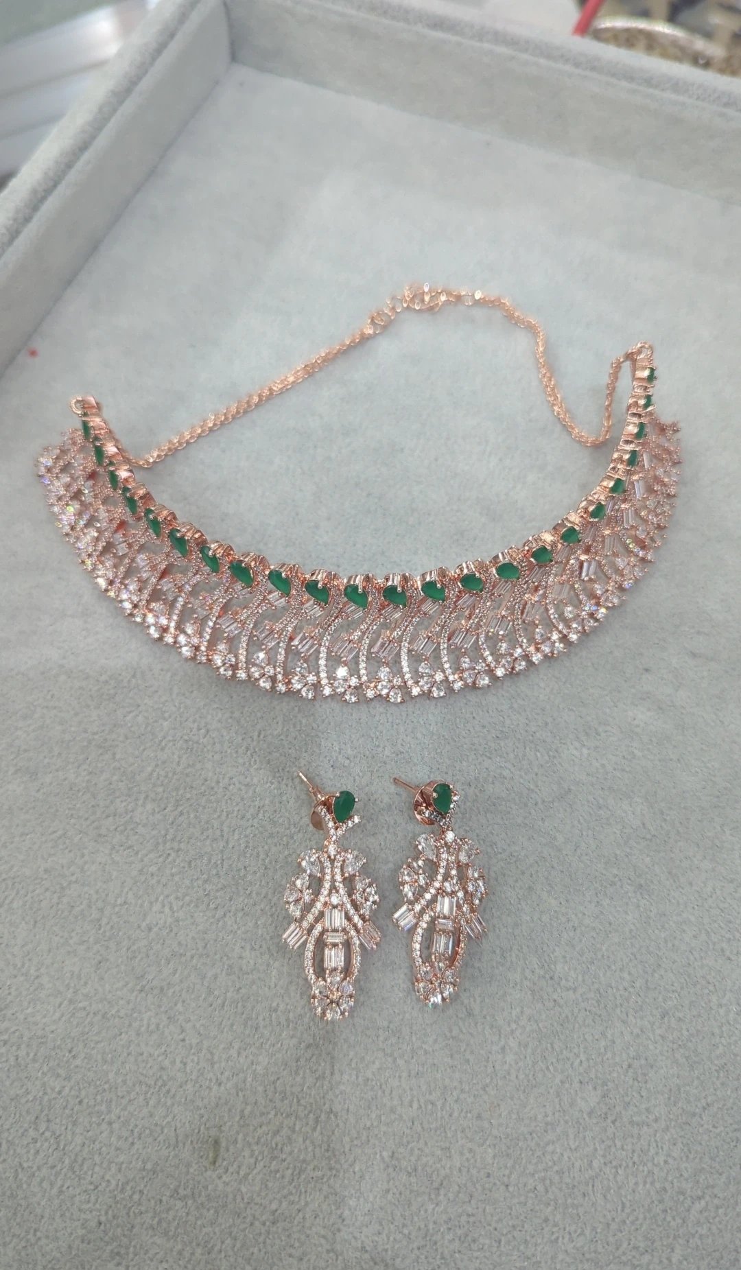 Green Rose Gold Silver American Diamond Choker Set