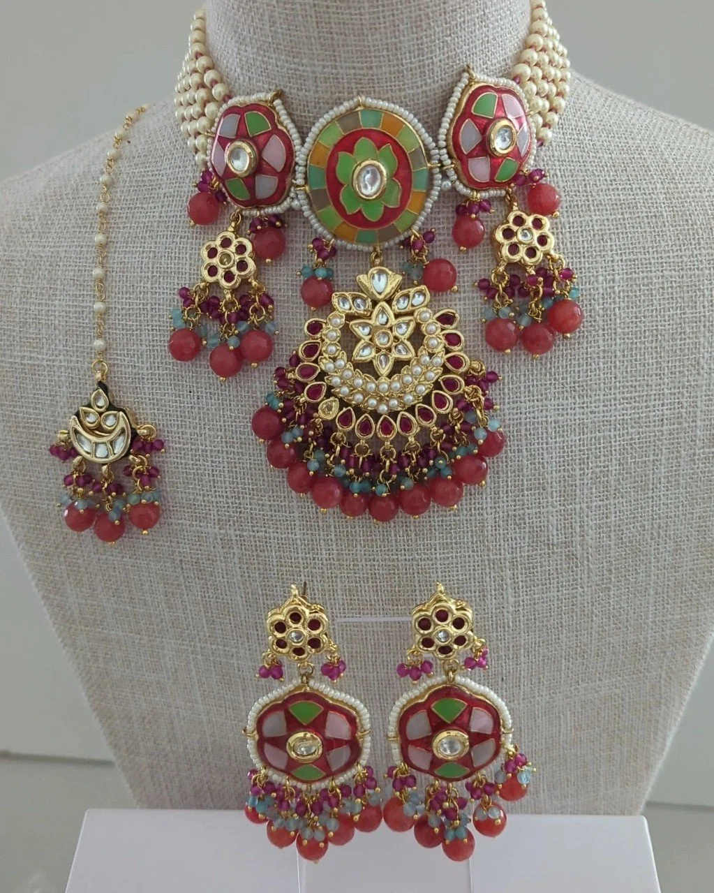 Red Coral Pastel Meenakari Flexible Choker Necklace Jewellery Set