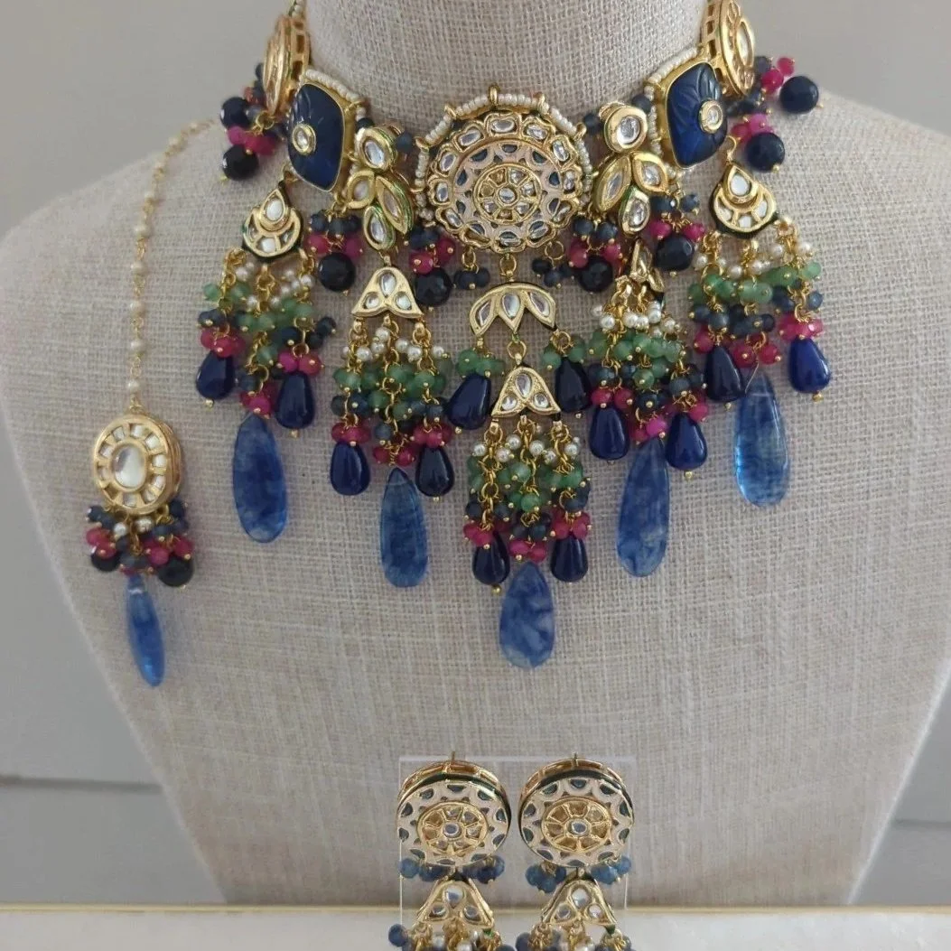 Blue Indian Asian Pearl Choker Necklace Jewellery Jewelry Set