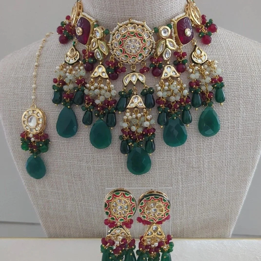 Green Indian Asian Pearl Choker Necklace Jewellery Jewelry Set