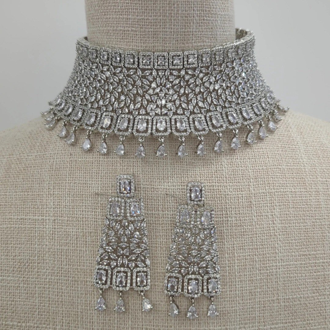 Full Silver Indian Asian American Diamond Choker Necklace Jewellery Set Wedding Bridal