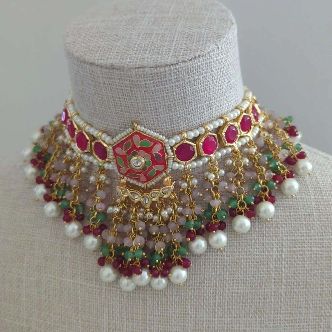 Flexible Indian Asian Hot Pink Meenakari Kundan Choker Necklace Jewellery Jewelry Set