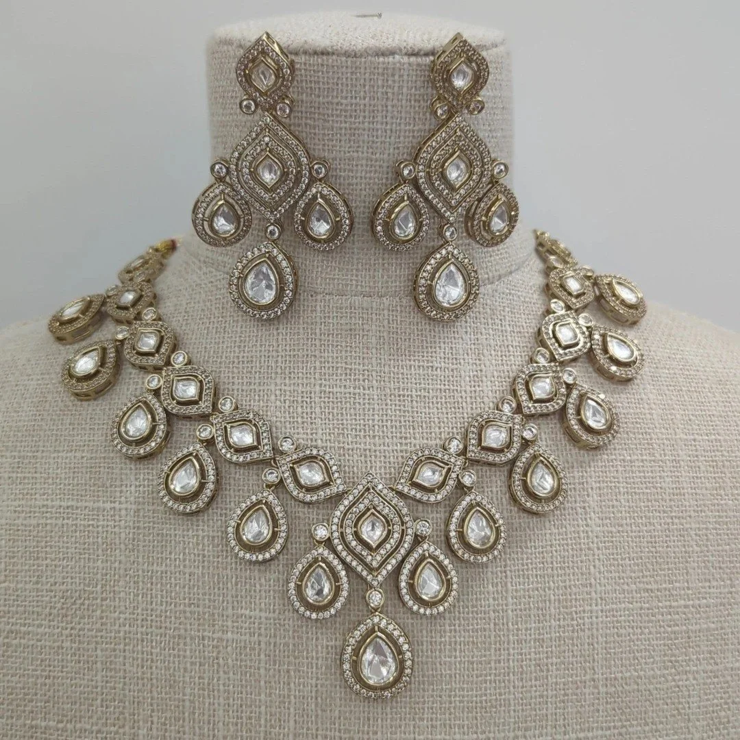 Gold Silver V Shaped Moissanite Necklace Jewellery Set