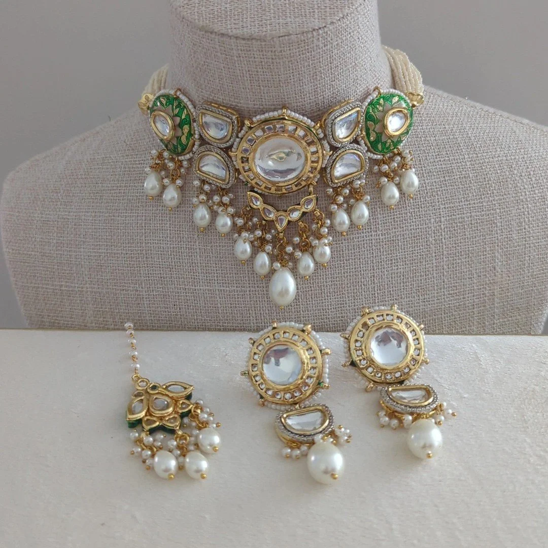 Neutral Ivory Flexible Meenakari Kundan Necklace Jewellery Set
