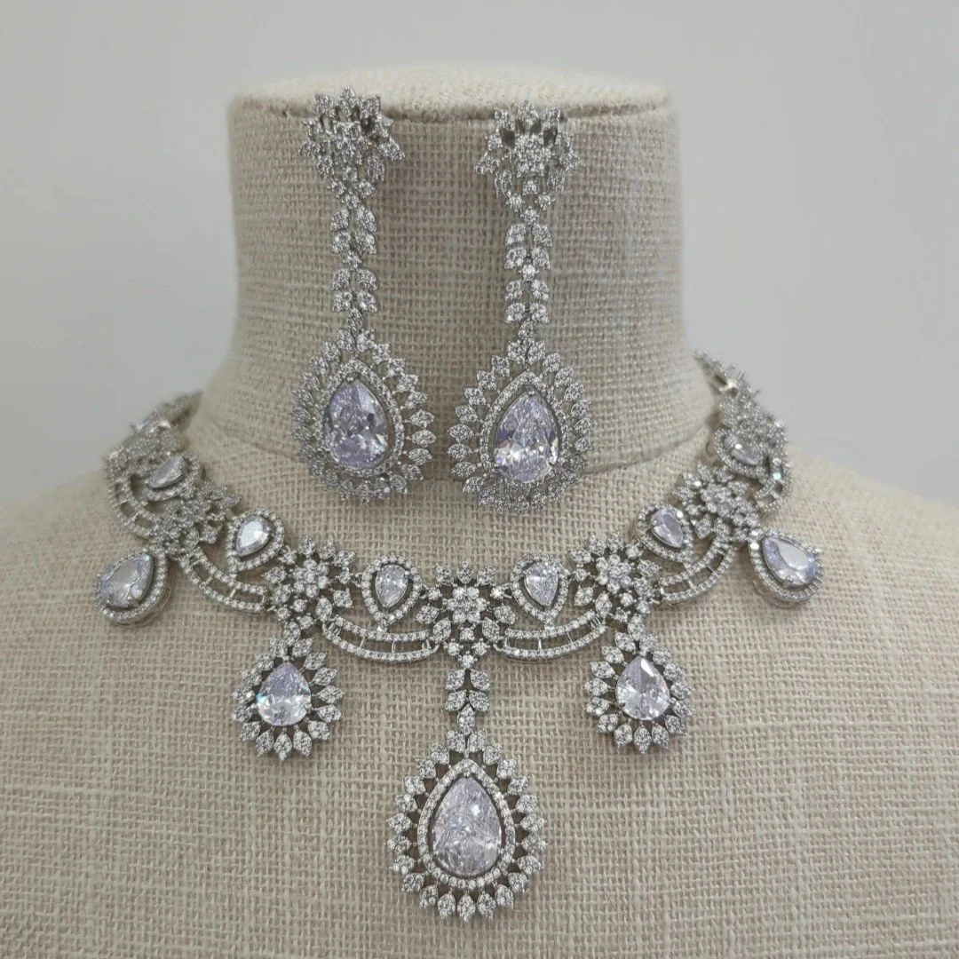 Full Silver Cubic Zirconia Necklace Jewellery Set Bridal Wedding Party