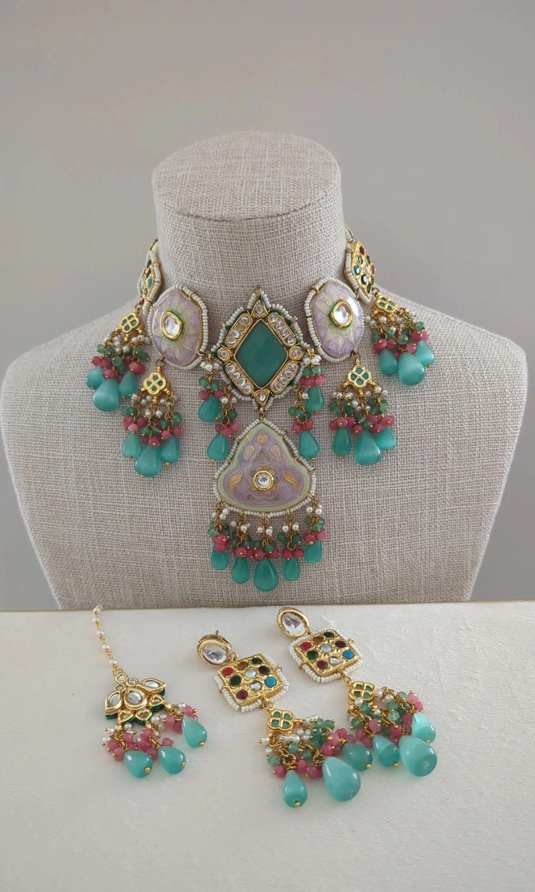 Ocean Mint Meenakari Kundan Choker Necklace Jewellery Set