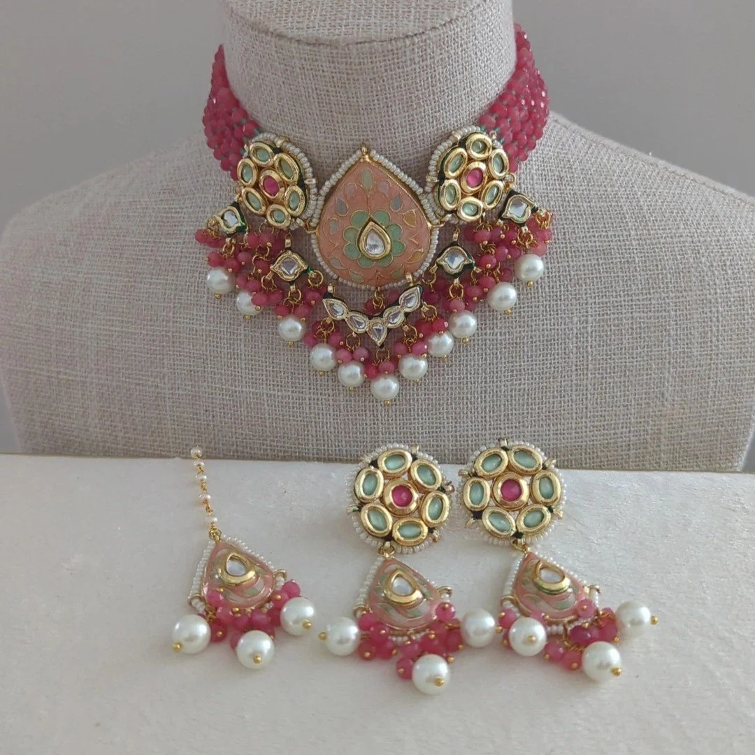 Coral Pink Meenakari Kundan Flexible Choker Necklace Jewellery Set